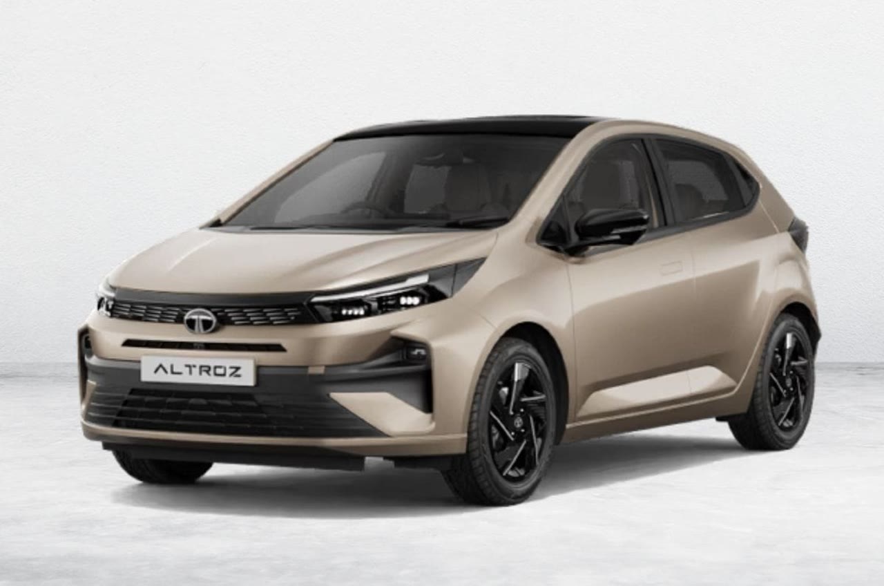 Current India-spec Tata Altroz facelift in Dune Glow dual-tone, front three-quarter studio