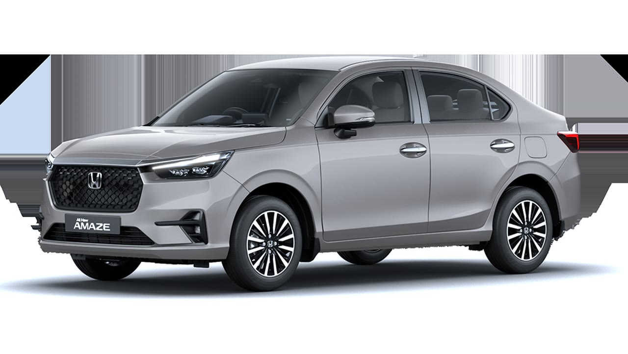 Current India-spec Honda Amaze third generation in Lunar Silver Metallic, front three-quarter studio