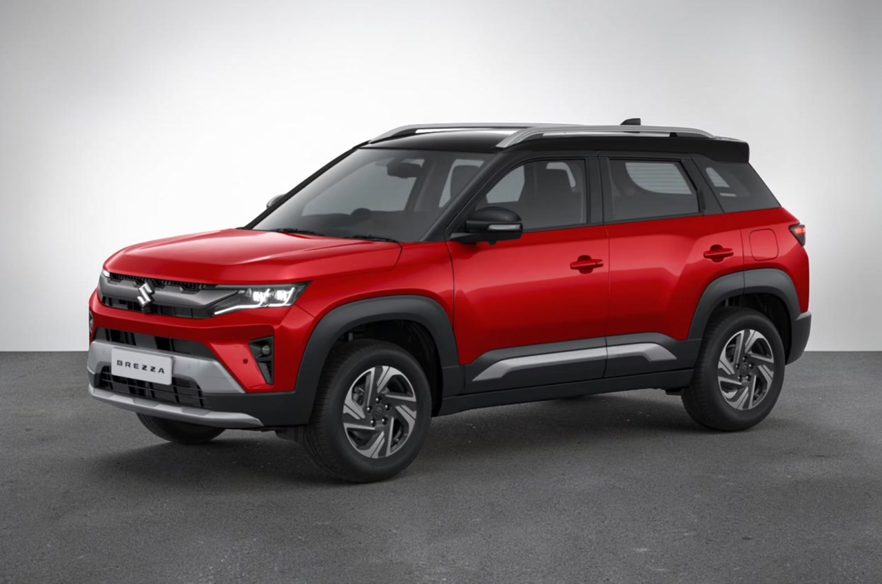 2026 Maruti Suzuki Brezza facelift, Sizzling Red dual-tone, front three-quarter