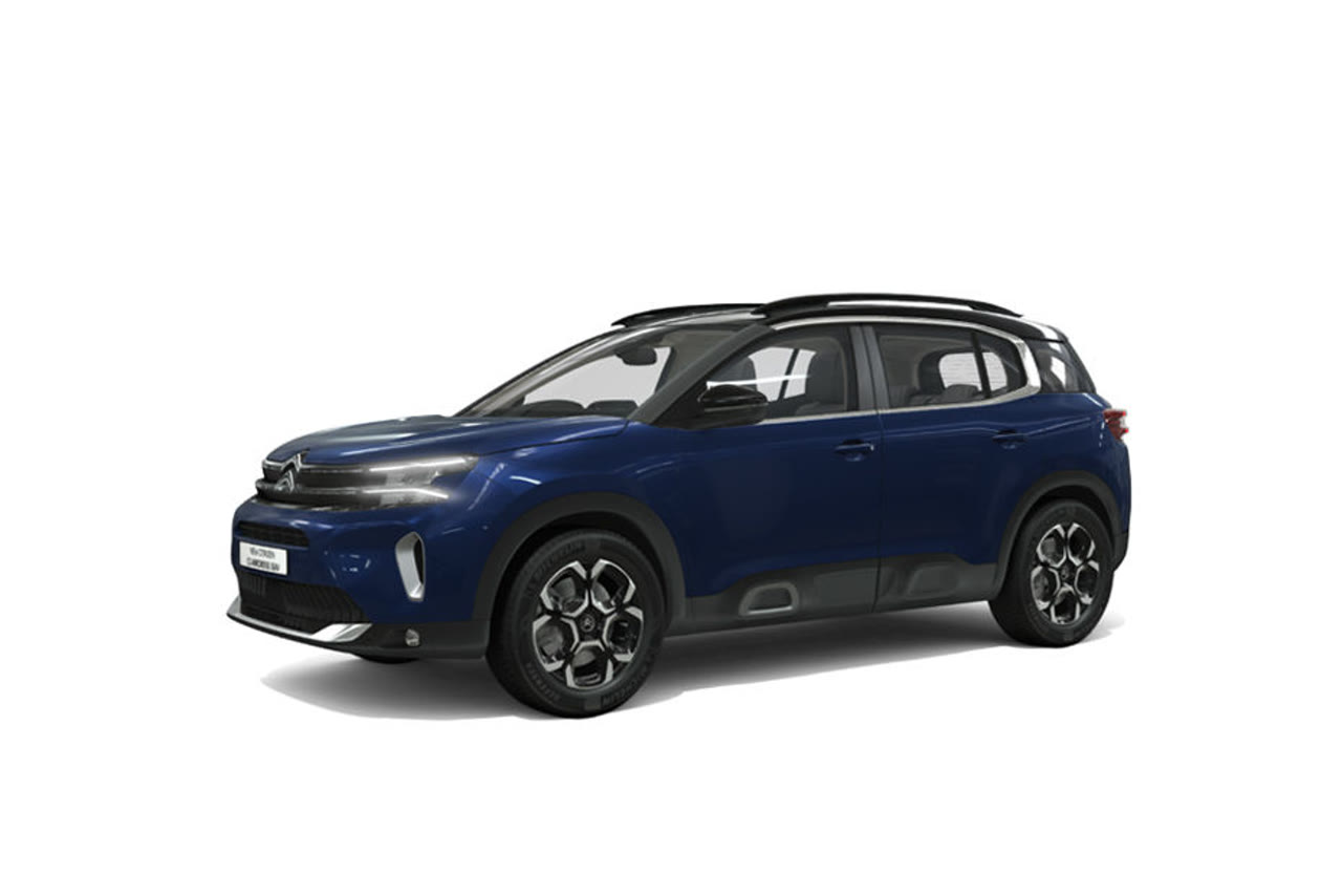 Current India-spec Citroën C5 Aircross facelift Shine, Eclipse Blue with black roof, front three-quarter studio