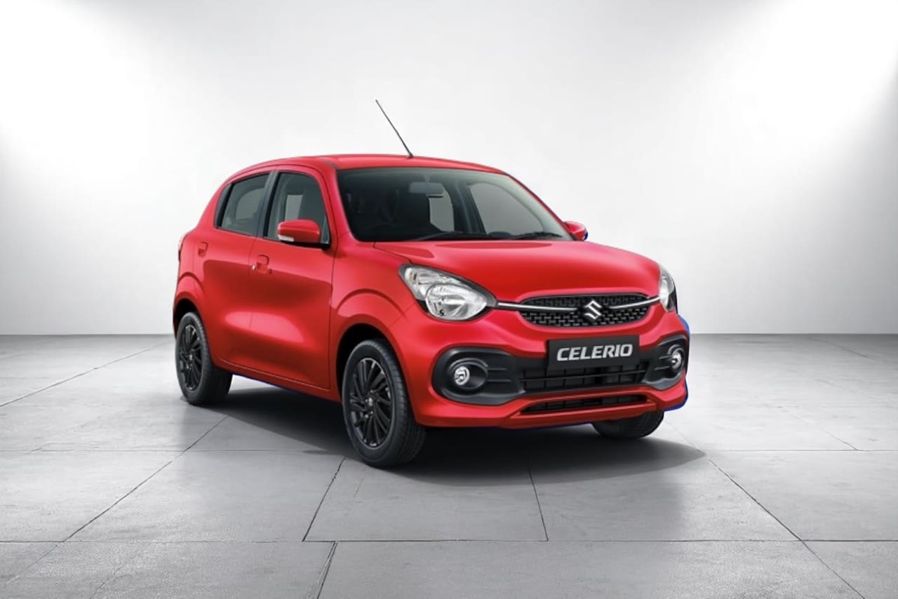 Current India-spec Maruti Suzuki Celerio third generation in Solid Fire Red, front three-quarter studio