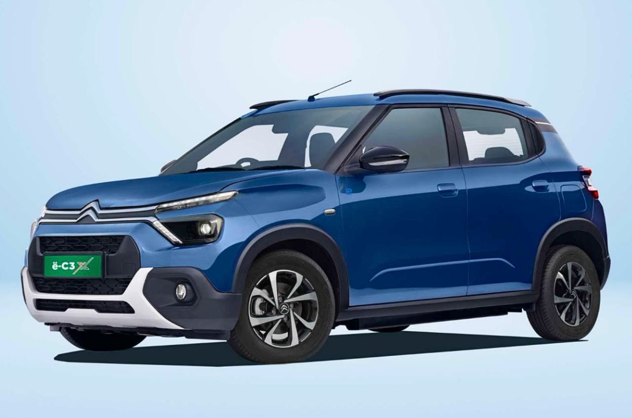 Current India-spec Citroën ë-C3X in Cosmo Blue, front three-quarter studio — 17 June 2026 pack on the same 2023 first-generation body