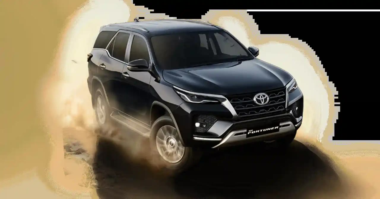 Current India-spec Toyota Fortuner facelift, dark metallic, front three-quarter official press shot
