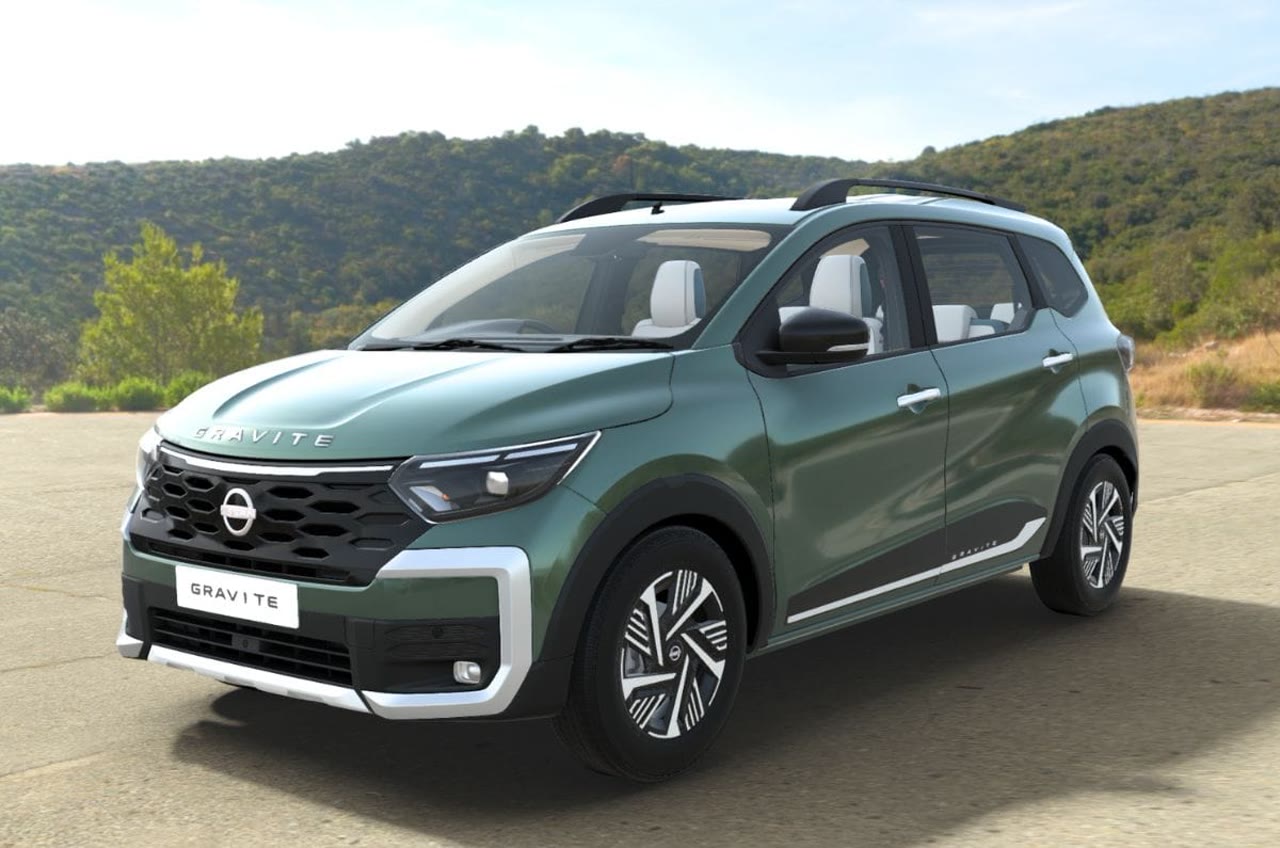 Current India-spec Nissan Gravite, Forest Green, front three-quarter