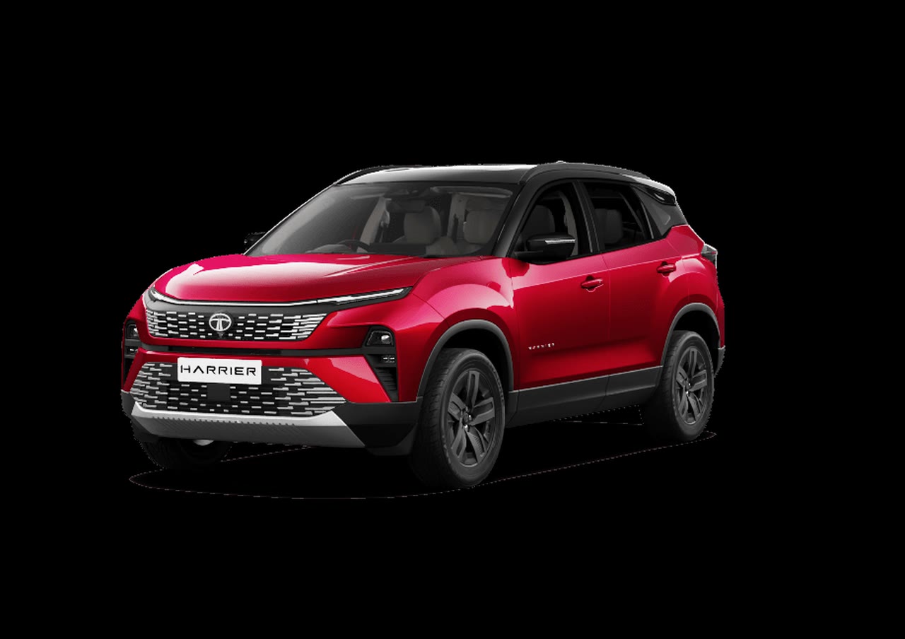 Current India-spec Tata Harrier facelift in Nitro Crimson dual-tone, front three-quarter studio