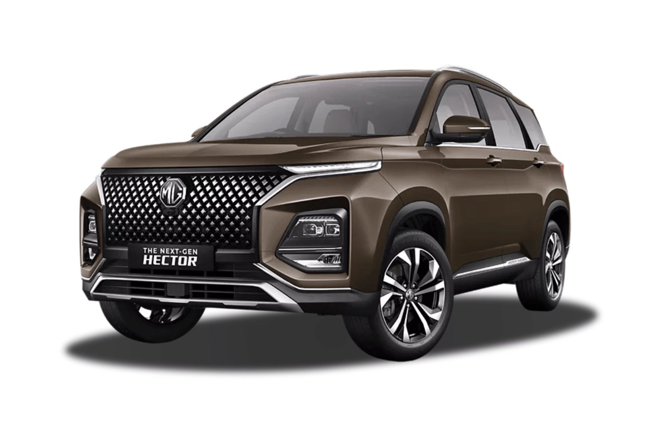 India-spec MG Hector Next-Gen facelift (2023–2025), Dune Brown, colour-studio front three-quarter with THE NEXT-GEN HECTOR plate
