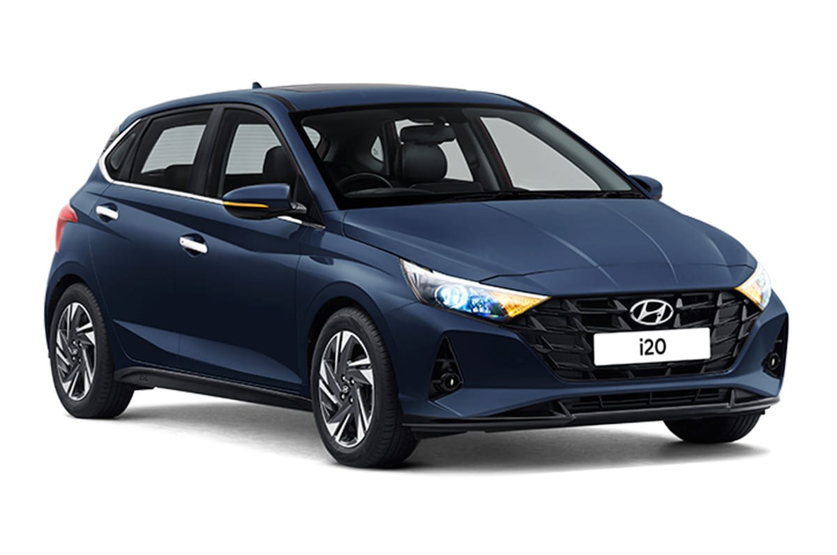 Original 2020 India-spec third-generation Hyundai i20 (BC3), Starry Night, front three-quarter studio, H badge in the cascading grille