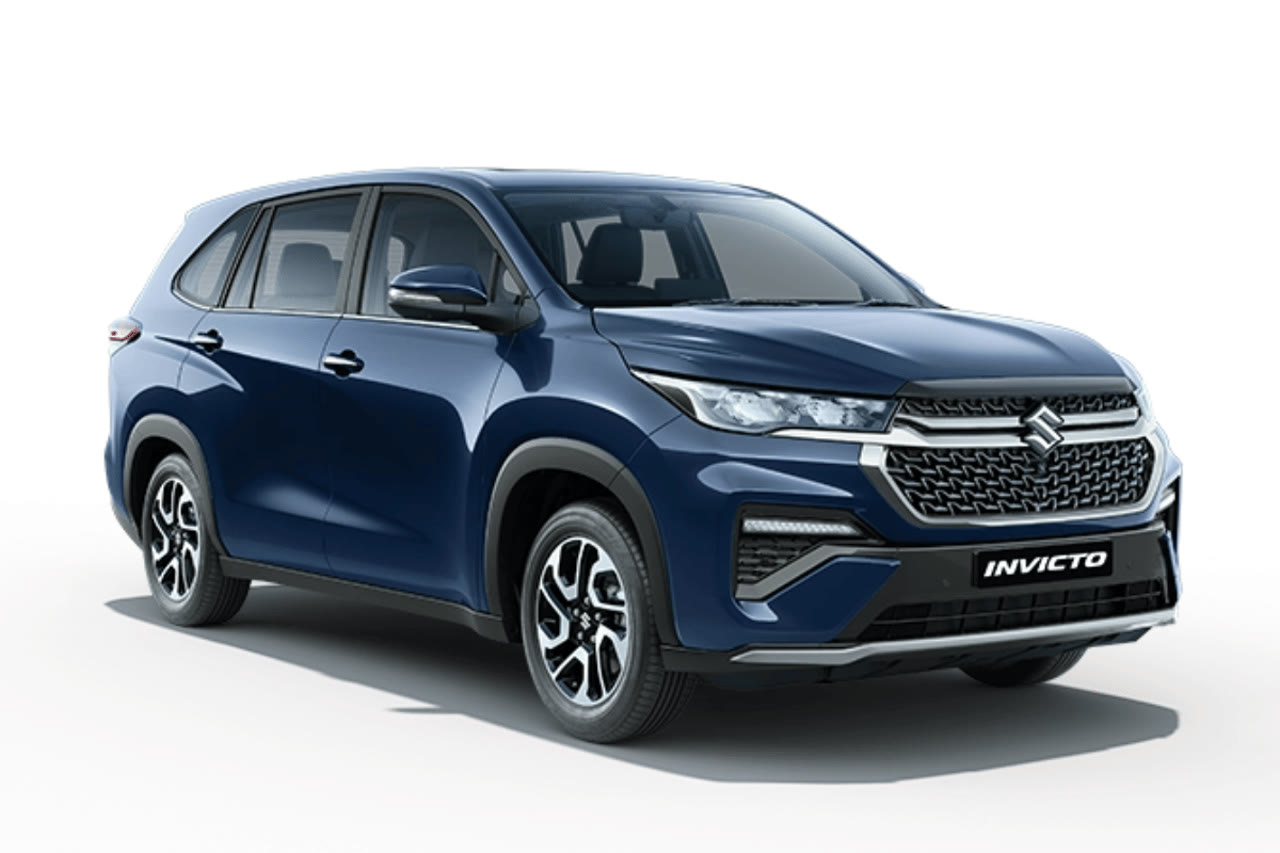 Current India-spec Maruti Suzuki Invicto in NEXA Blue, front three-quarter studio