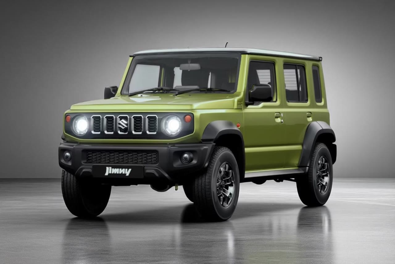 Current India-spec Maruti Suzuki Jimny 5-door, Kinetic Yellow with Bluish Black roof, front three-quarter studio