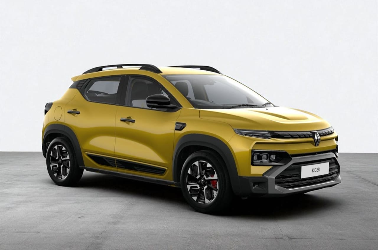 Current India-spec Renault Kiger facelift in Oasis Yellow with Mystery Black roof, front three-quarter studio