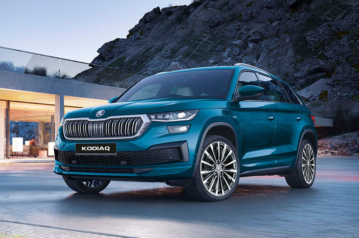 2022 India-spec Skoda Kodiaq first-generation facelift, teal L&K, OEM press front three-quarter