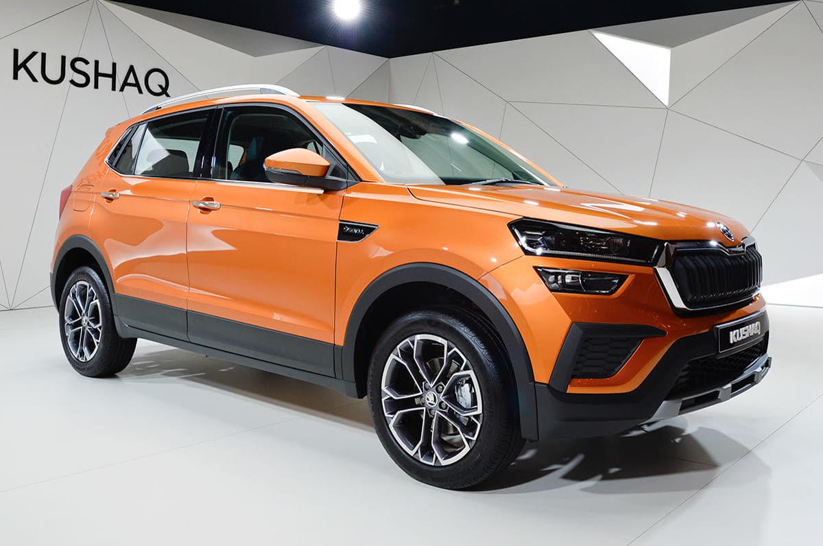 Original India-spec Skoda Kushaq, Honey Orange, front three-quarter studio