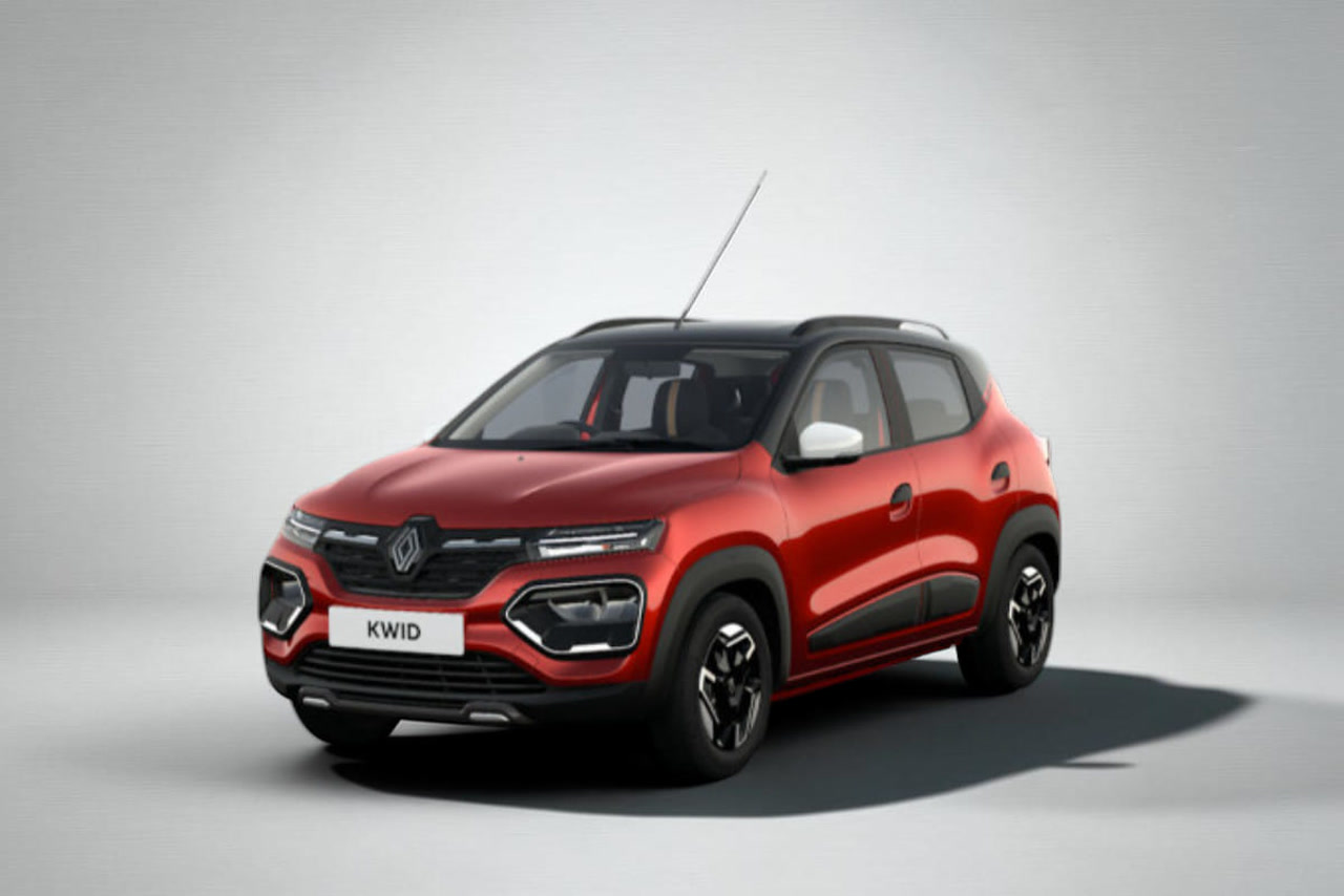 Current India-spec Renault Kwid in Fiery Red with Mystery Black roof, front three-quarter studio