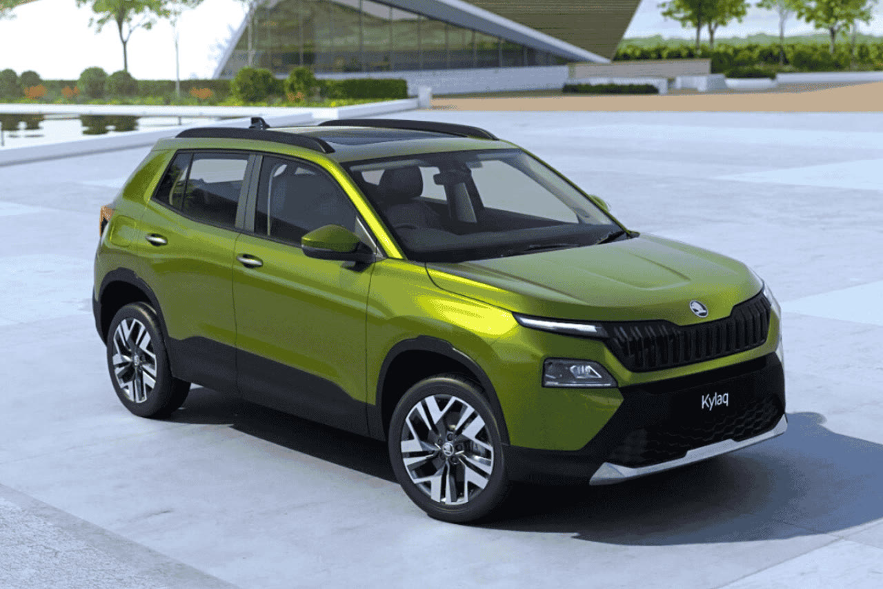 Current India-spec Skoda Kylaq in Olive Gold, front three-quarter studio