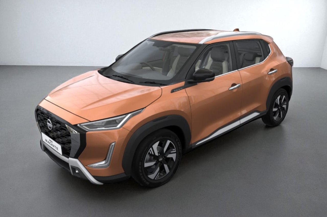 Current India-spec Nissan Magnite facelift in Sunrise Copper Orange, front three-quarter studio