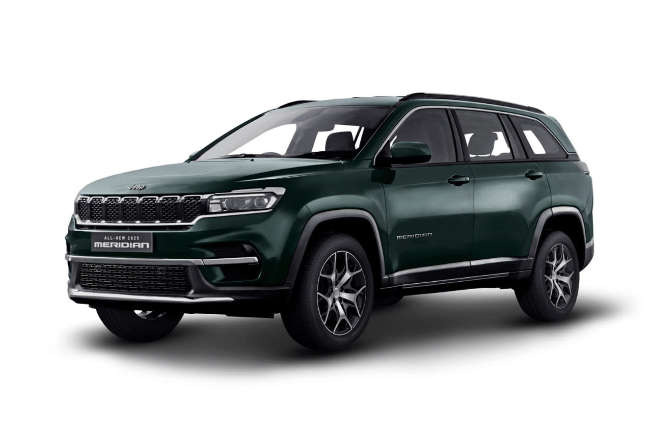 Current India-spec Jeep Meridian, Techno Metallic Green, front three-quarter studio