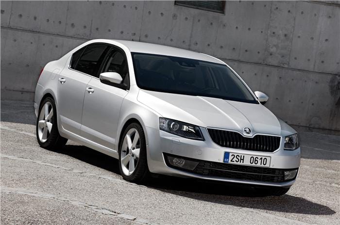 India-bound third-generation Skoda Octavia (2013), silver, OEM press front three-quarter