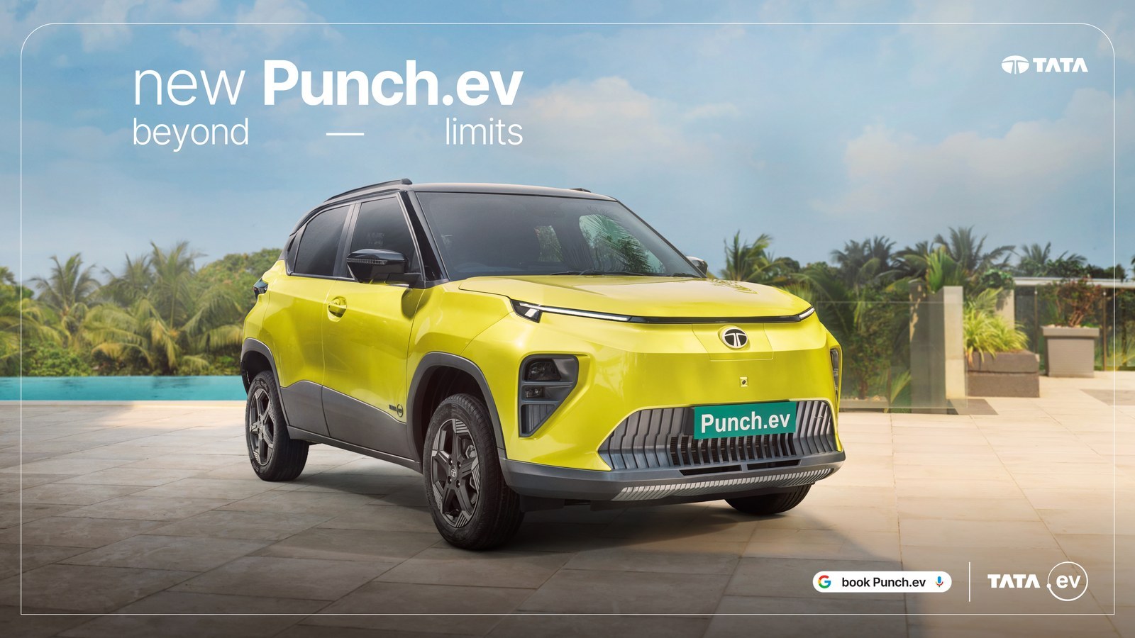 Current India-spec Tata Punch.ev facelift, Fearless Yellow, OEM press front three-quarter