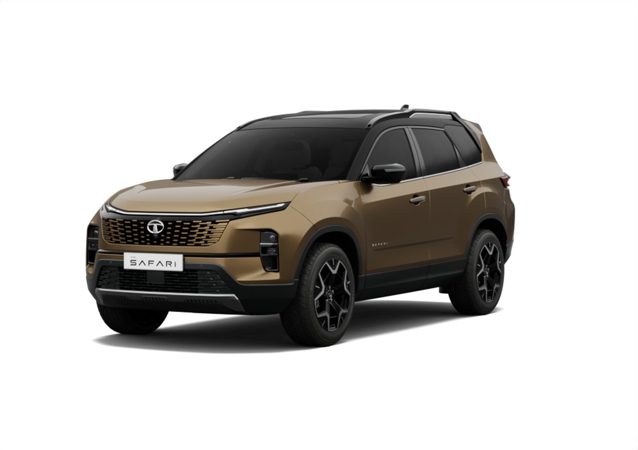 Current India-spec Tata Safari facelift in Cosmic Gold dual-tone, front three-quarter studio