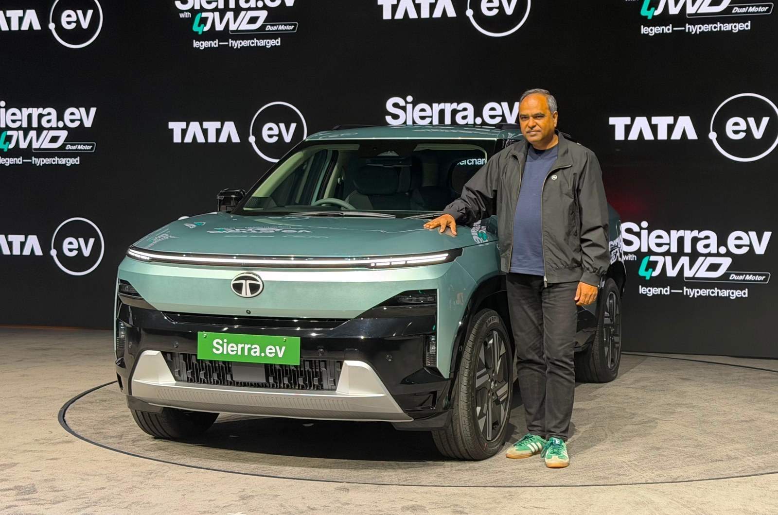 Current India-spec Tata Sierra EV, OEM press front three-quarter
