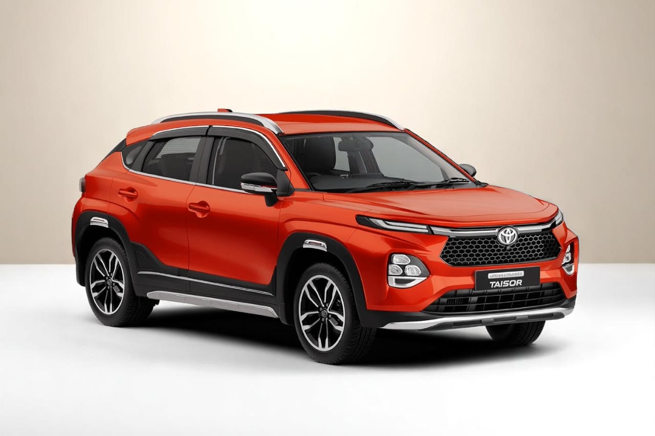 Current India-spec Toyota Urban Cruiser Taisor in Lucent Orange, front three-quarter studio