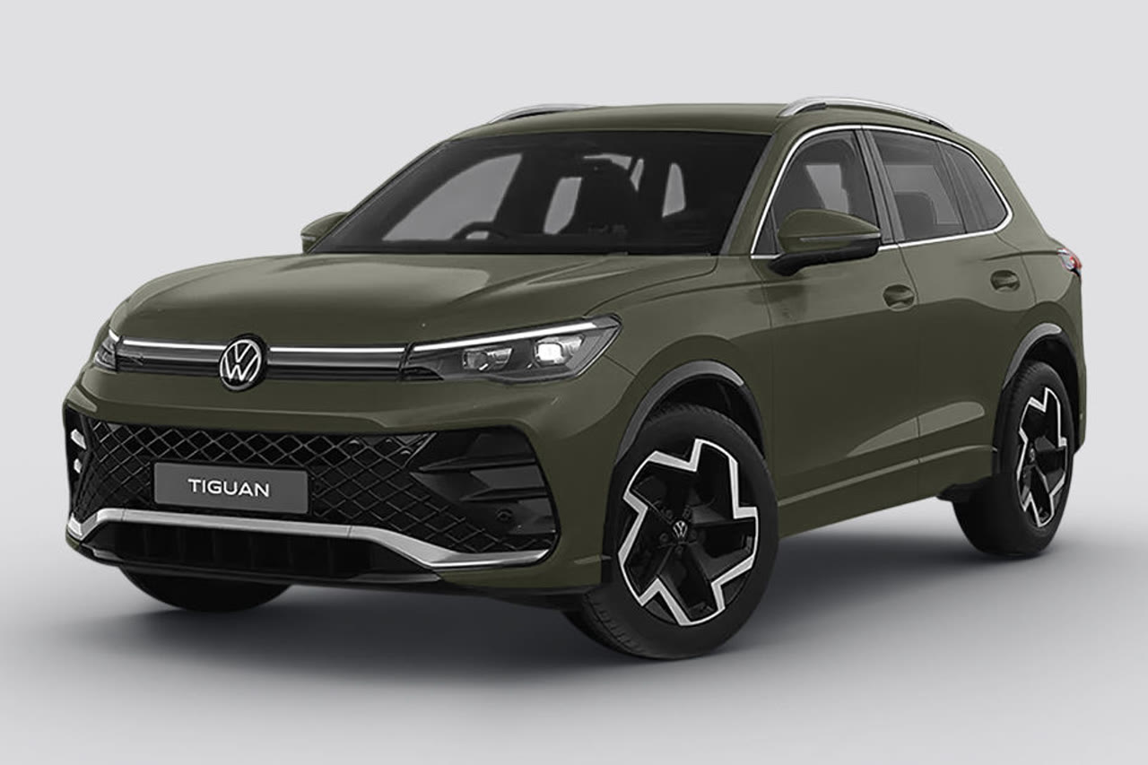Current India-spec Volkswagen Tiguan R-Line, Cipressino Green Metallic, front three-quarter studio