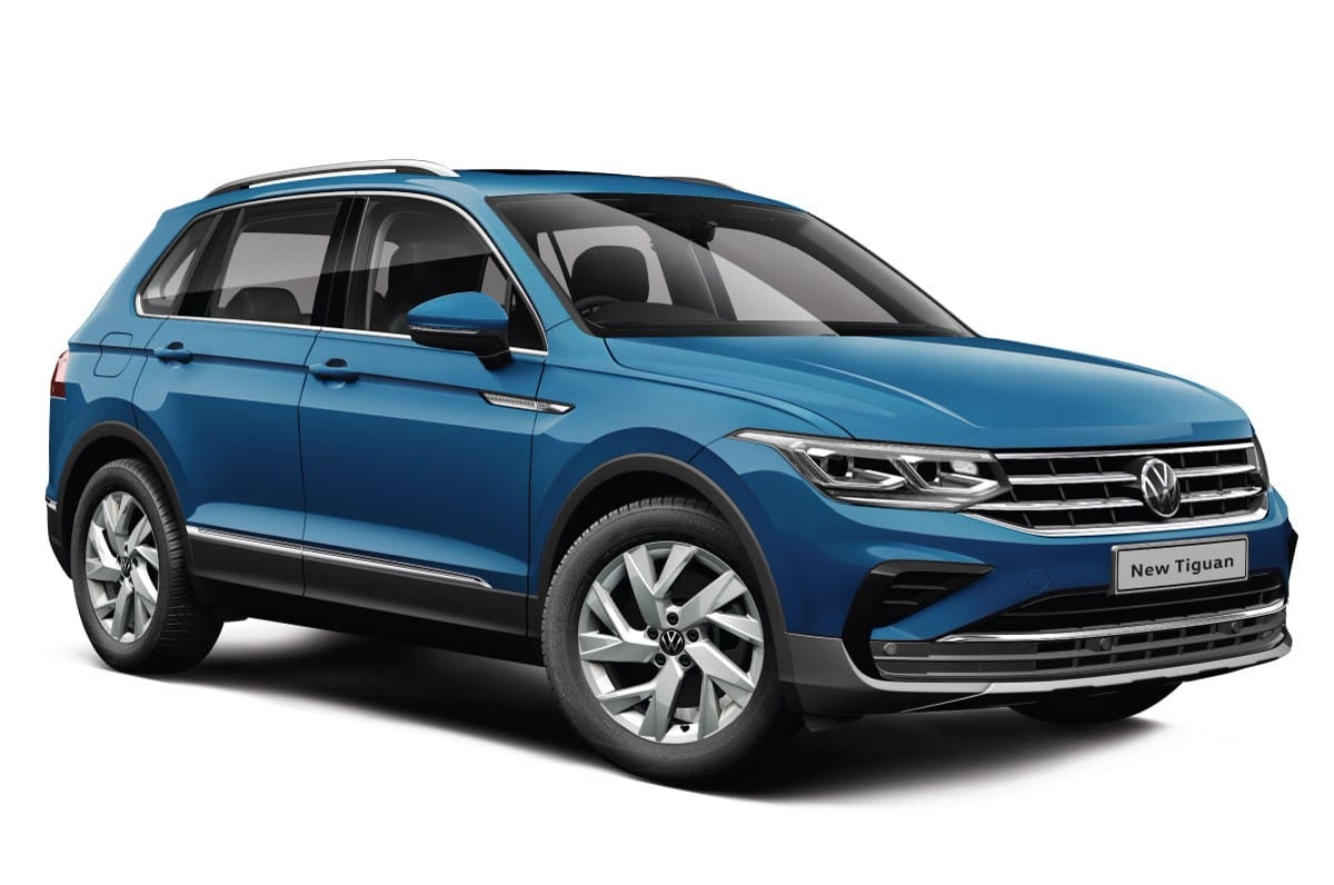 India-spec Volkswagen Tiguan second-generation facelift Elegance (2021–2025), blue, OEM press front three-quarter