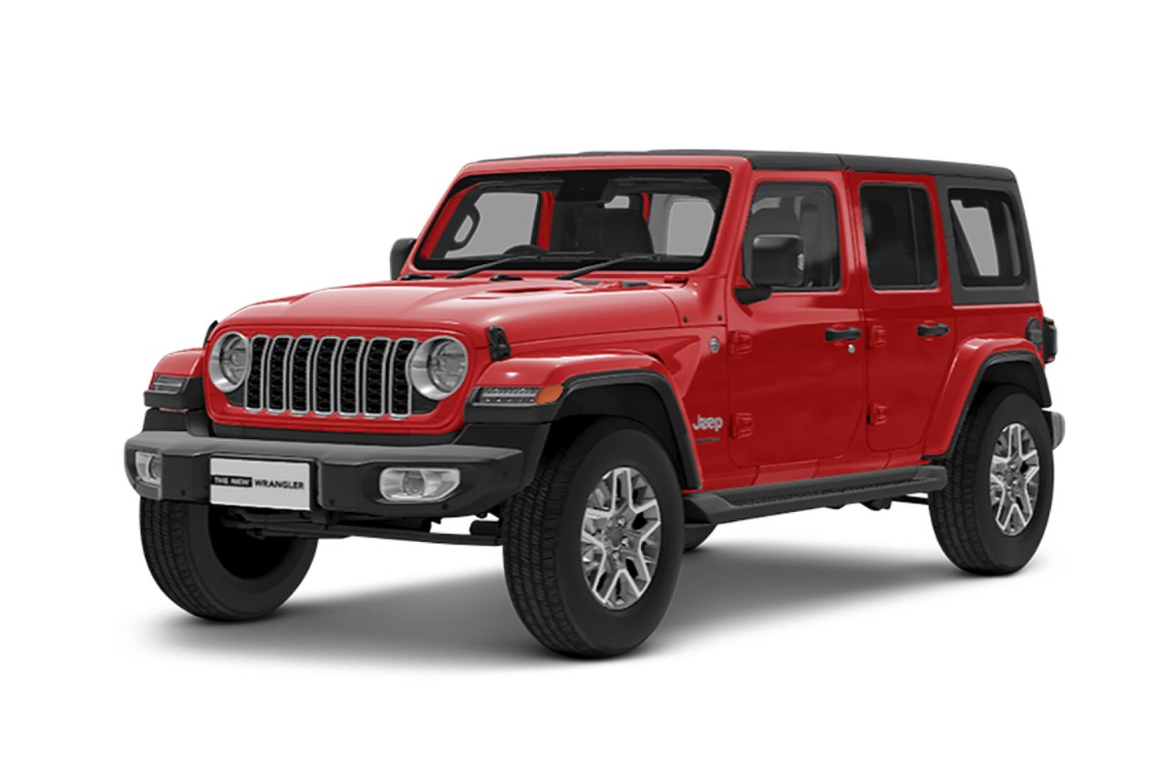 Current India-spec Jeep Wrangler Unlimited facelift, Firecracker Red, front three-quarter studio