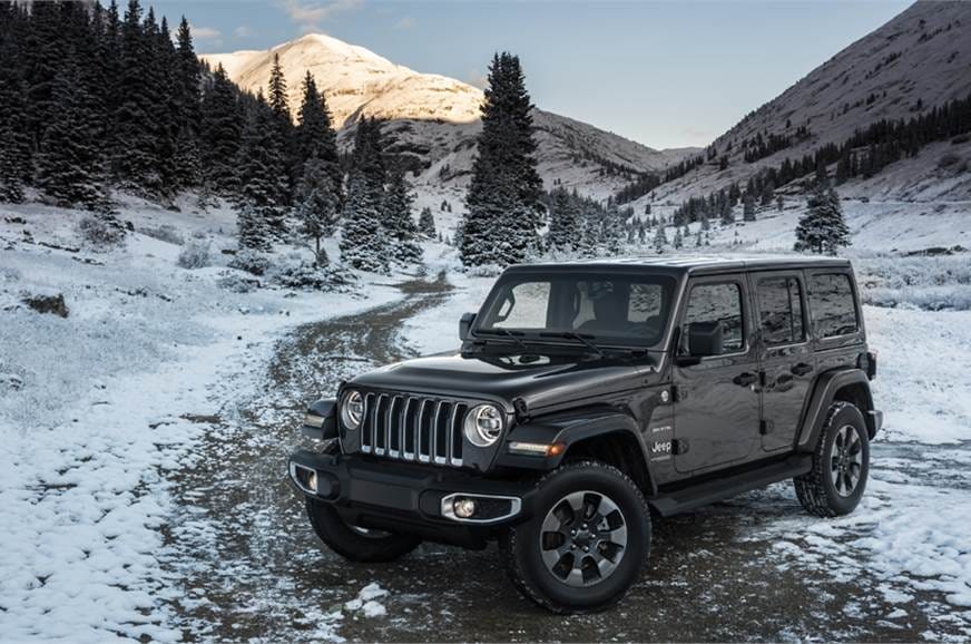 Original India-spec Jeep Wrangler Unlimited JL (2019 pre-facelift), Granite Crystal, OEM press front three-quarter