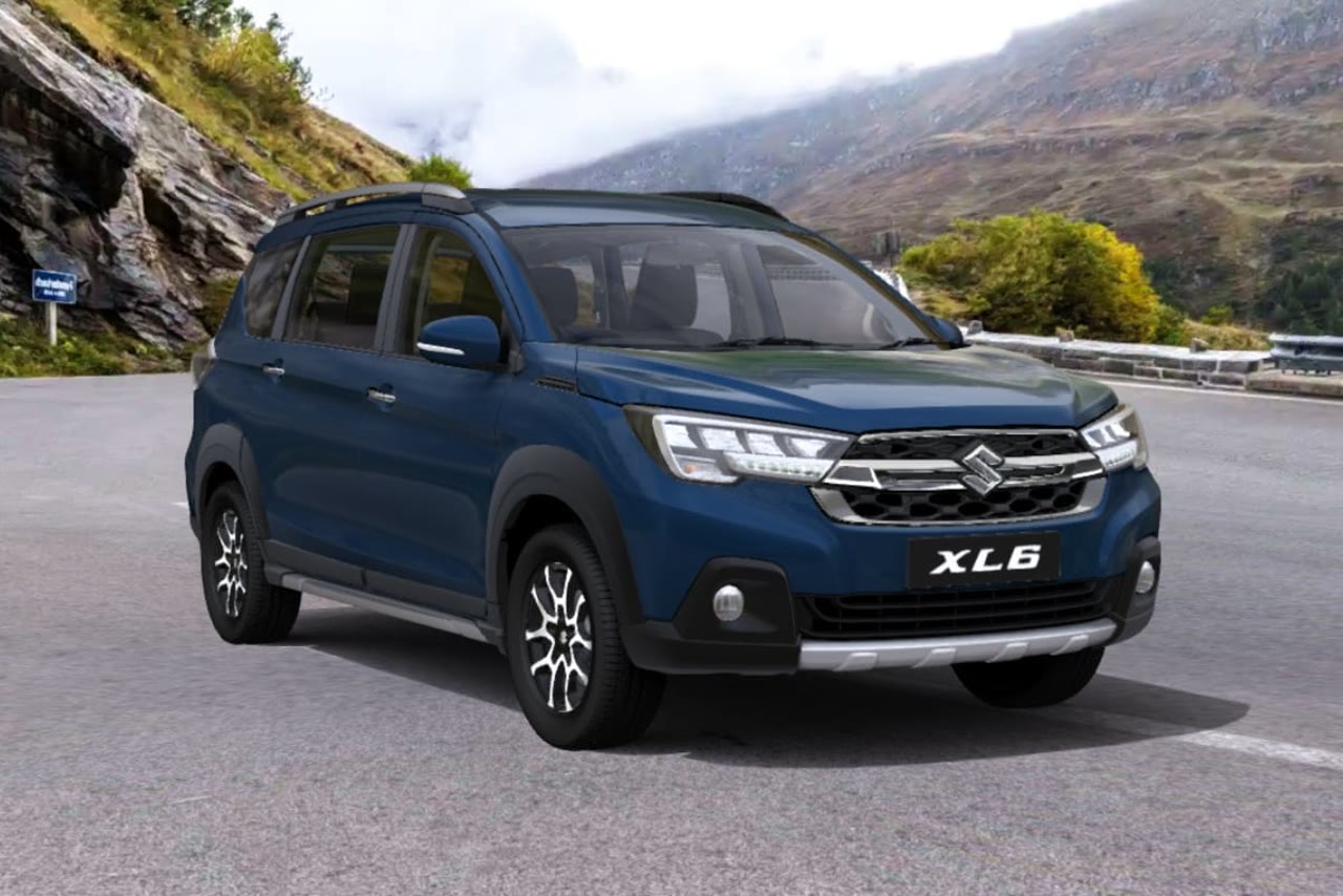 Current India-spec Maruti Suzuki XL6 facelift in NEXA Blue, front three-quarter press shot