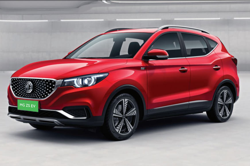 Original India-spec MG ZS EV (2020–2022 pre-facelift), metallic red, OEM press studio front three-quarter